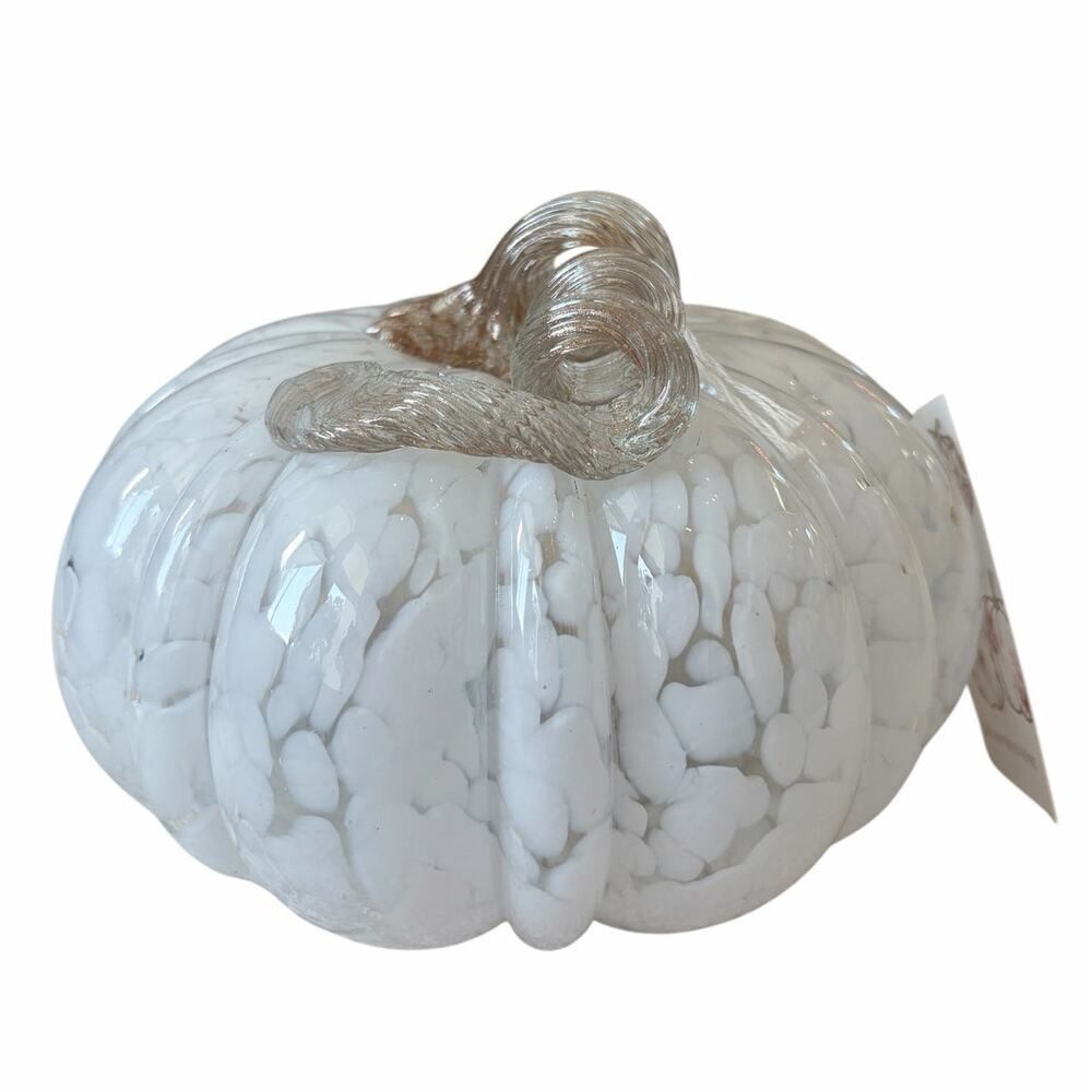 Shabby Chic Hand Blown Art Glass White Pumpkin Amber Stem 8" Chic Fall Decor NEW - Picture 2 of 10